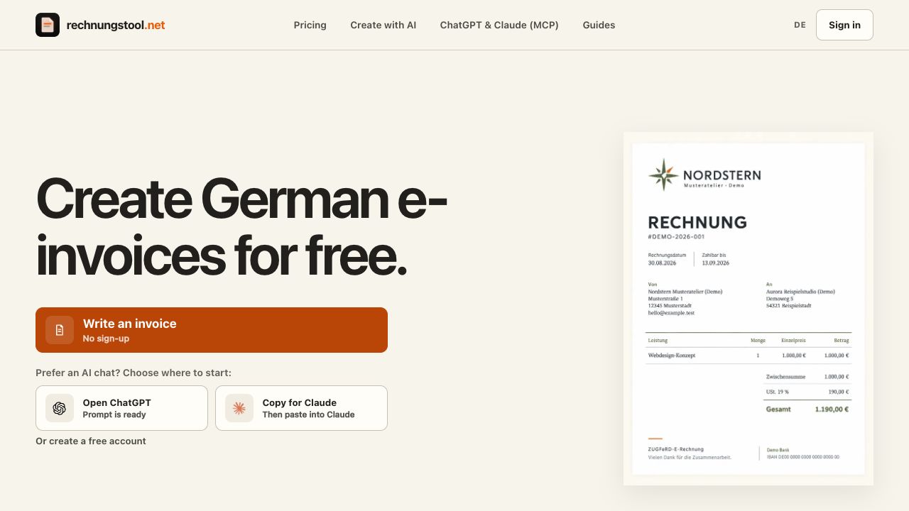 Rechnungstool: public website preview
